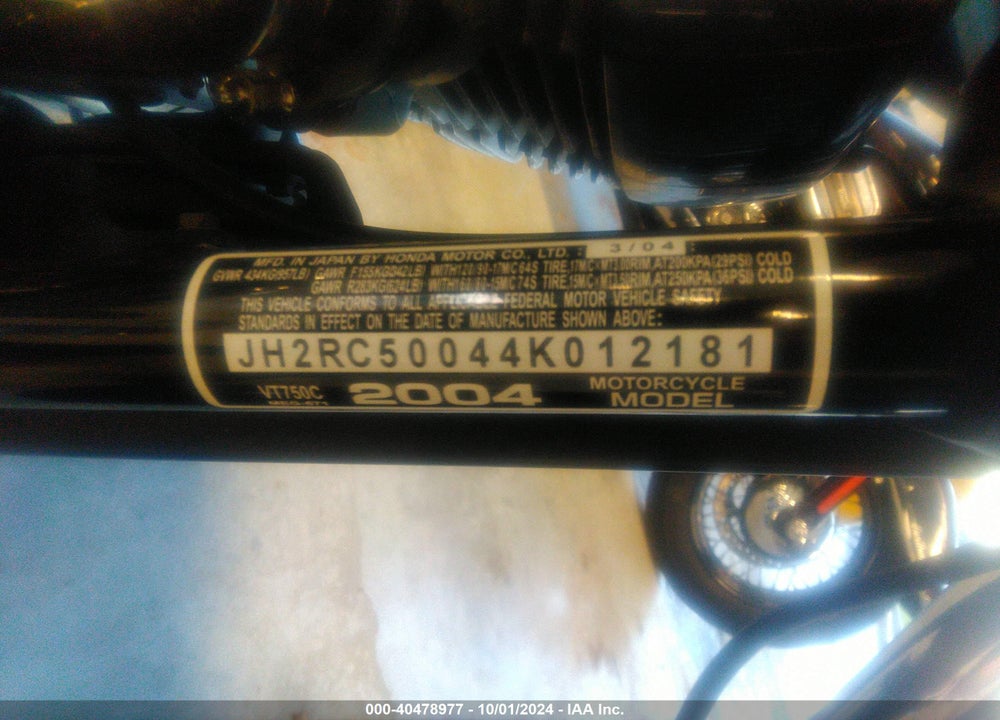 2004 HONDA VT750 C VIN: JH2RC50044K012181