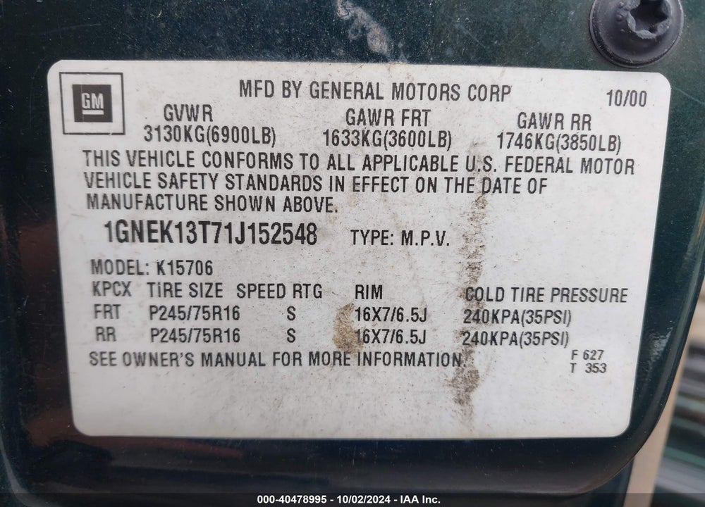 2001 CHEVROLET TAHOE LS VIN: 1GNEK13T71J152548