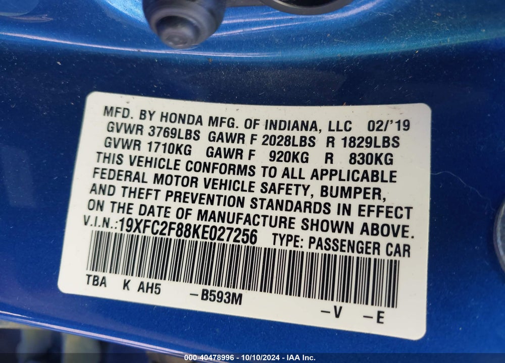 2019 HONDA CIVIC SPORT VIN: 19XFC2F88KE027256