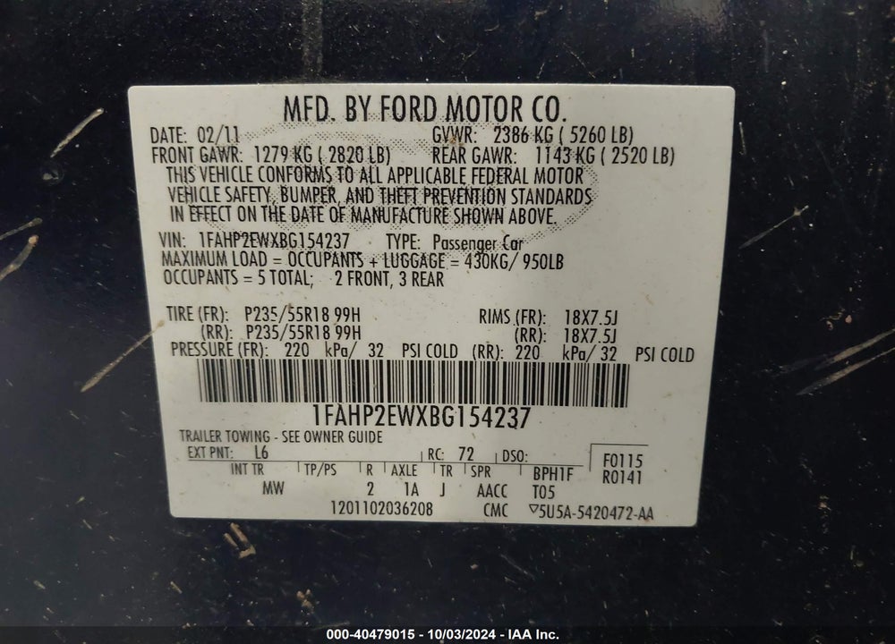2011 FORD TAURUS SEL VIN: 1FAHP2EWXBG154237