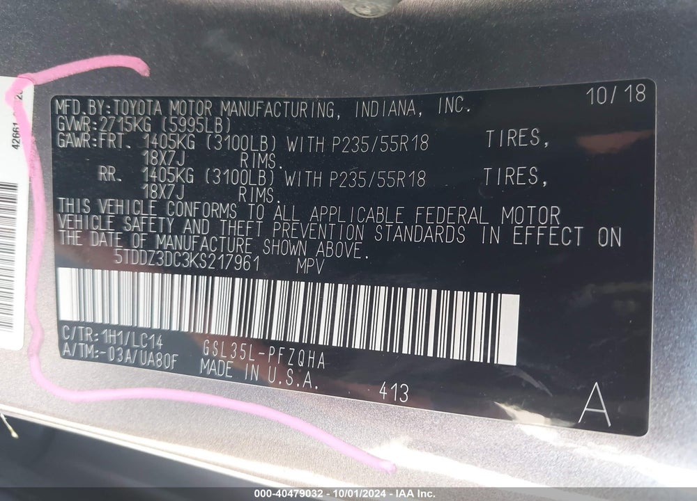 2019 TOYOTA SIENNA XLE 7 PASSENGER VIN: 5TDDZ3DC3KS217961