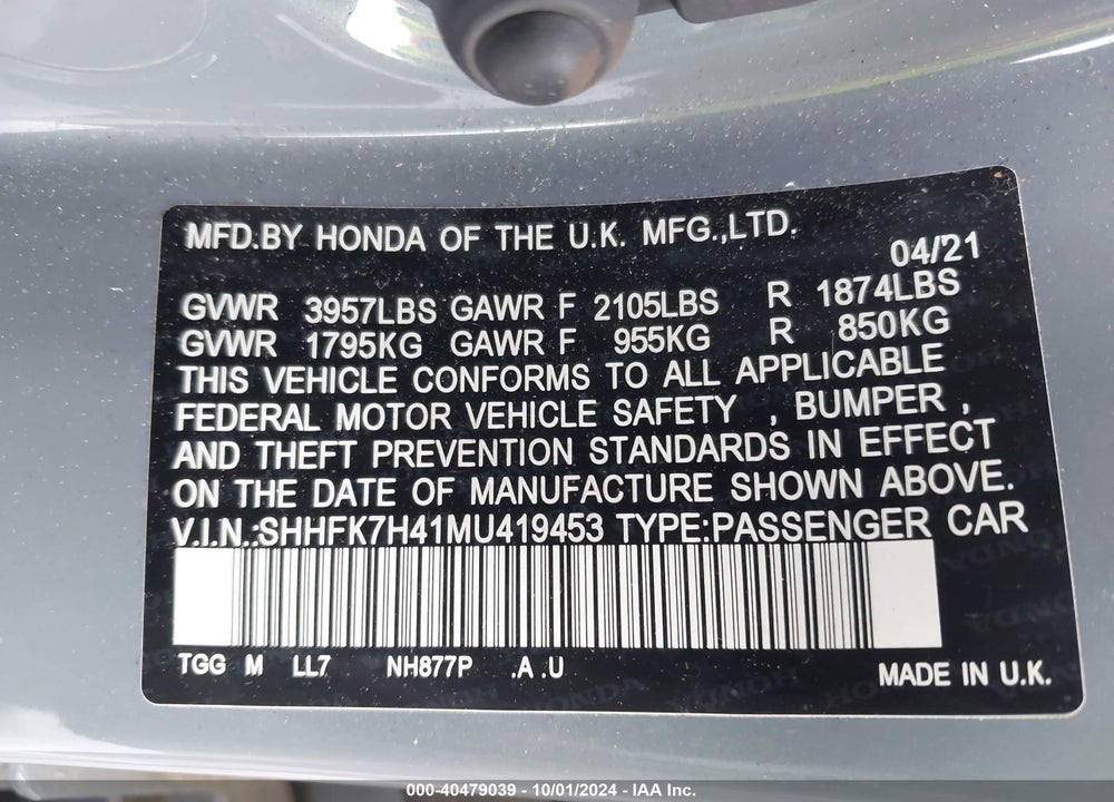2021 HONDA CIVIC SPORT VIN: SHHFK7H41MU419453