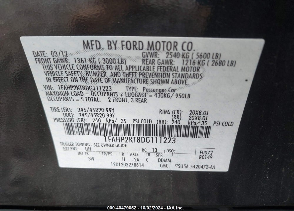 2013 FORD TAURUS SHO VIN: 1FAHP2KT8DG111223