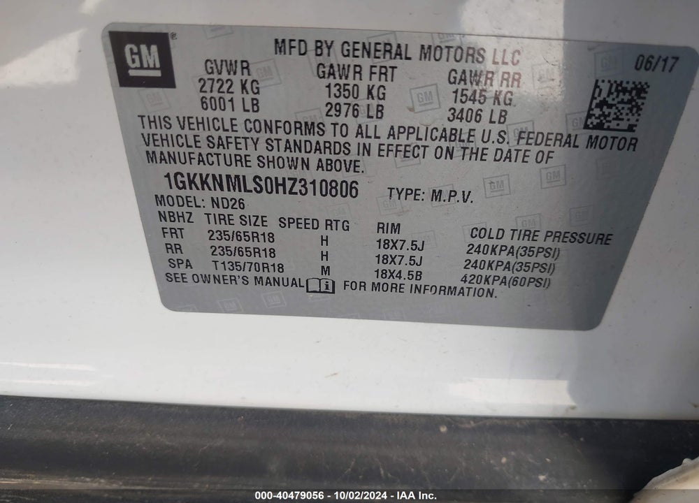 2017 GMC ACADIA SLT-1 VIN: 1GKKNMLS0HZ310806