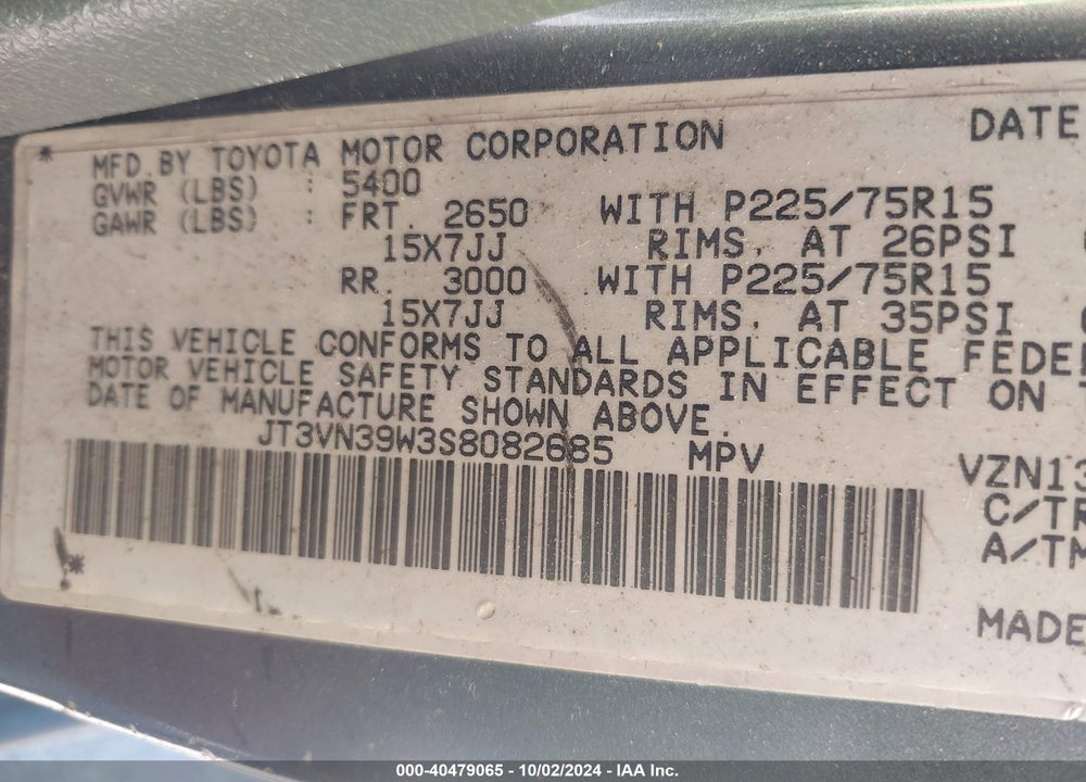 1995 TOYOTA 4RUNNER VN39 SR5 VIN: JT3VN39W3S8082685