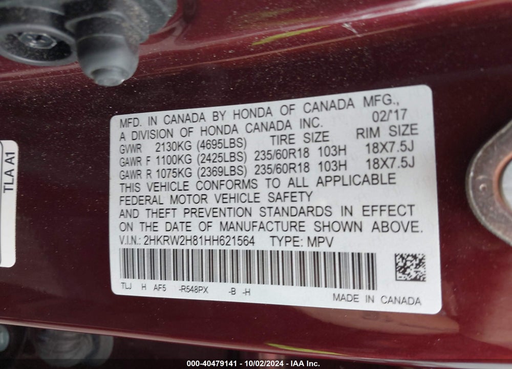 2017 HONDA CR-V EX-L/EX-L NAVI VIN: 2HKRW2H81HH621564