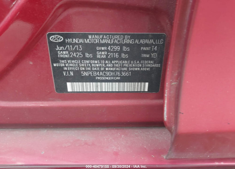 2013 HYUNDAI SONATA VIN: 5NPEB4AC9DH763661