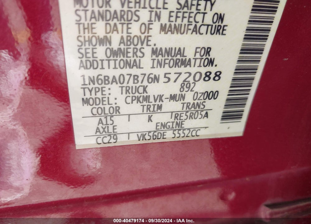 2006 NISSAN TITAN LE VIN: 1N6BA07B76N572088