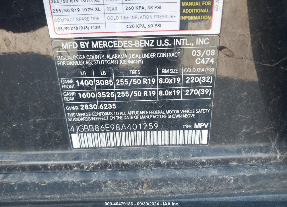 2008 MERCEDES-BENZ ML 350 4MATIC VIN: 4JGBB86E98A401259