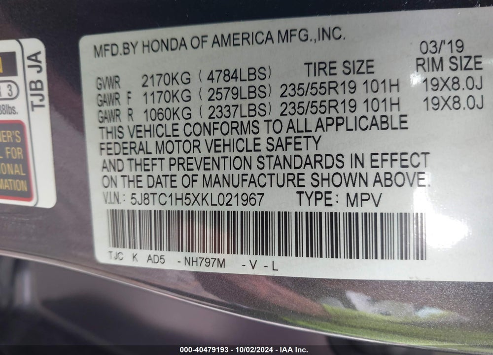 2019 ACURA RDX TECHNOLOGY PACKAGE VIN: 5J8TC1H5XKL021967