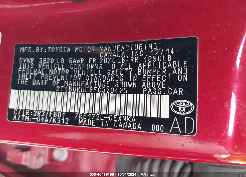 2015 TOYOTA COROLLA LE VIN: 2T1BURHE8FC320425