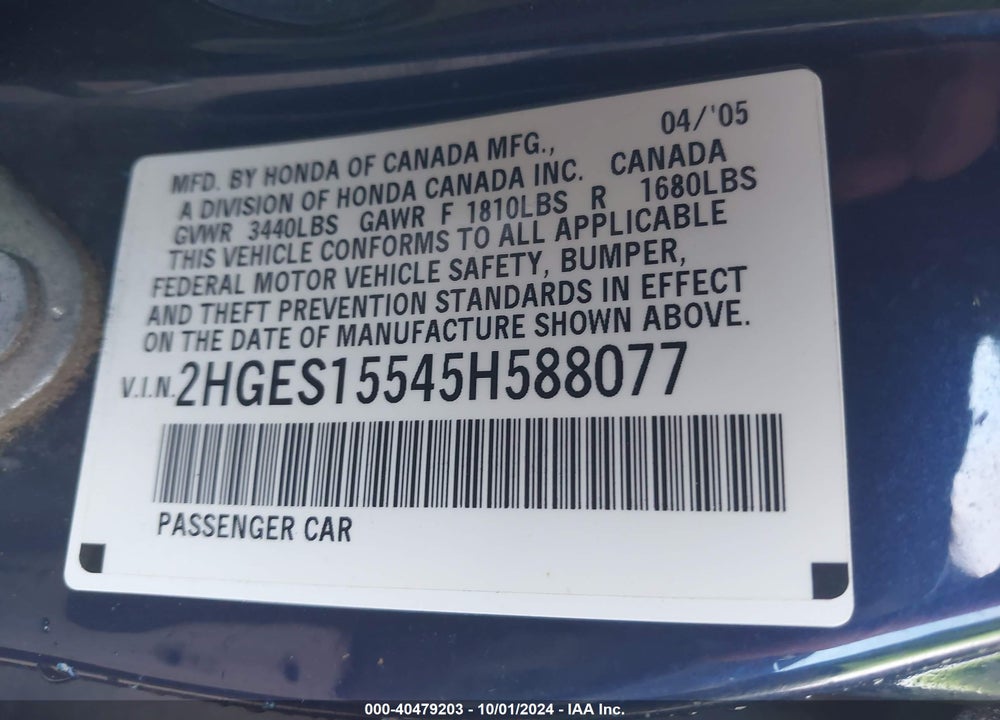 2005 HONDA CIVIC LX VIN: 2HGES15545H588077