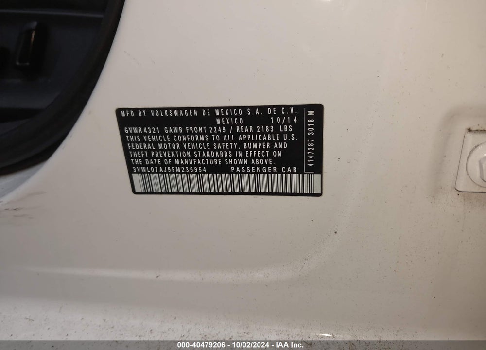 2015 VOLKSWAGEN JETTA 1.8T SEL VIN: 3VWL07AJ9FM236954
