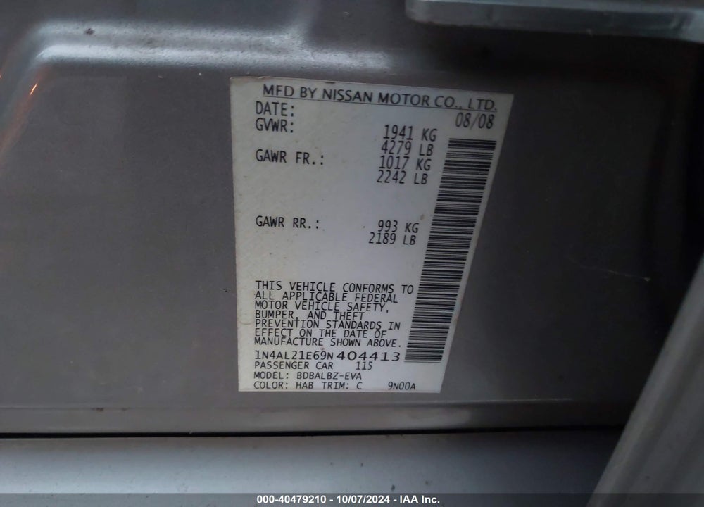 2009 NISSAN ALTIMA 2.5 S VIN: 1N4AL21E69N404413