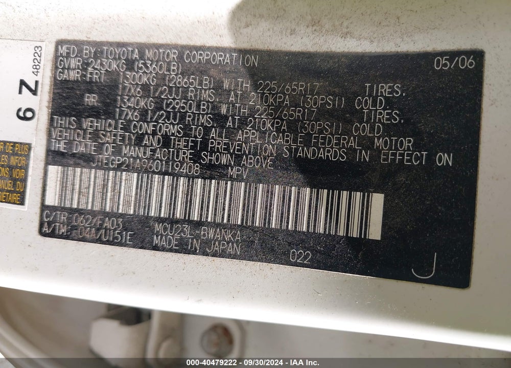 2006 TOYOTA HIGHLANDER SPORT V6 VIN: JTEGP21A960119408