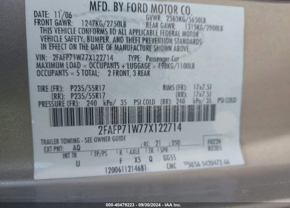 2007 FORD CROWN VICTORIA VIN: 2FAFP71W77X122714