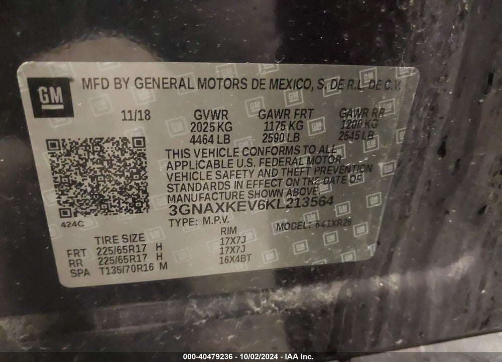 2019 CHEVROLET EQUINOX LT VIN: 3GNAXKEV6KL213564