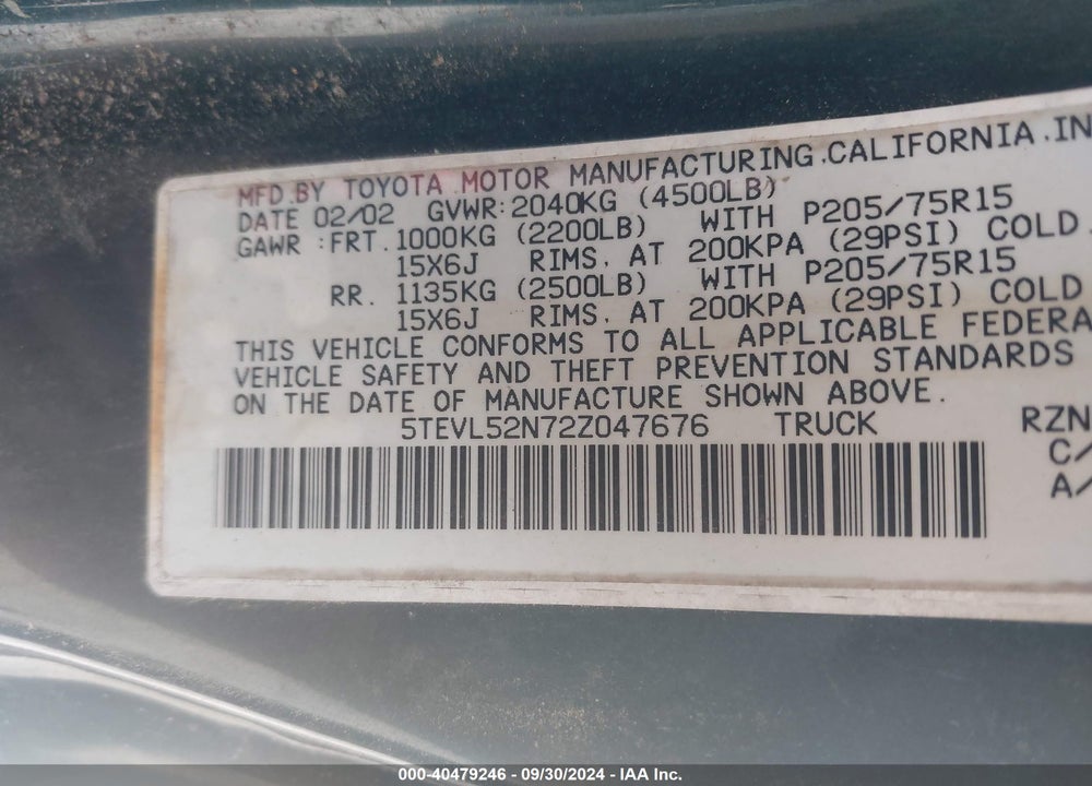 2002 TOYOTA TACOMA VIN: 5TEVL52N72Z047676