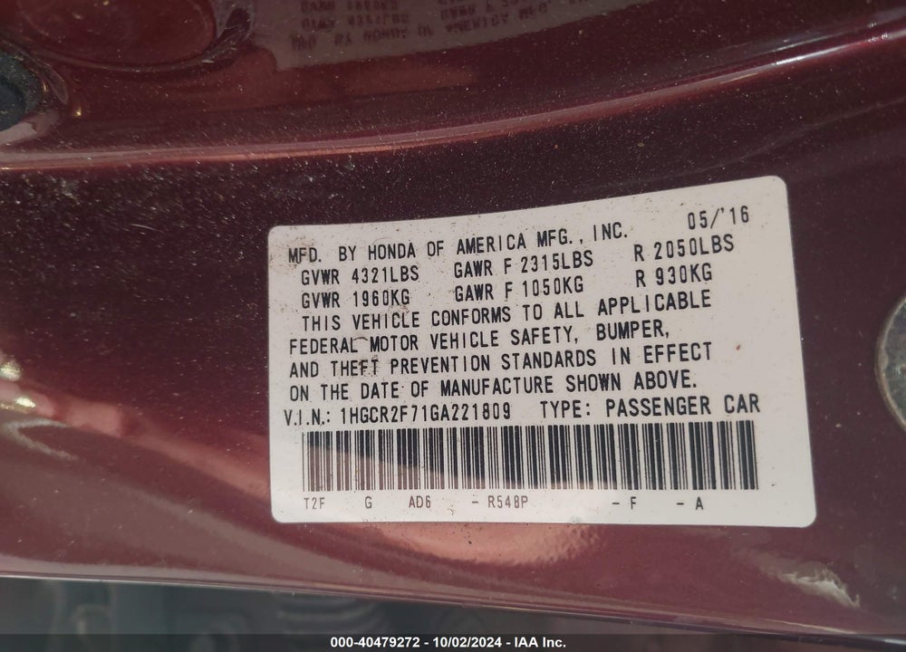 2016 HONDA ACCORD EX VIN: 1HGCR2F71GA221809