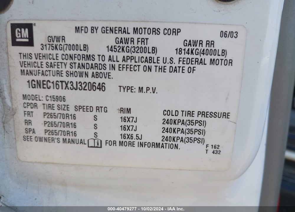 2003 CHEVROLET SUBURBAN 1500 LS VIN: 1GNEC16TX3J320646