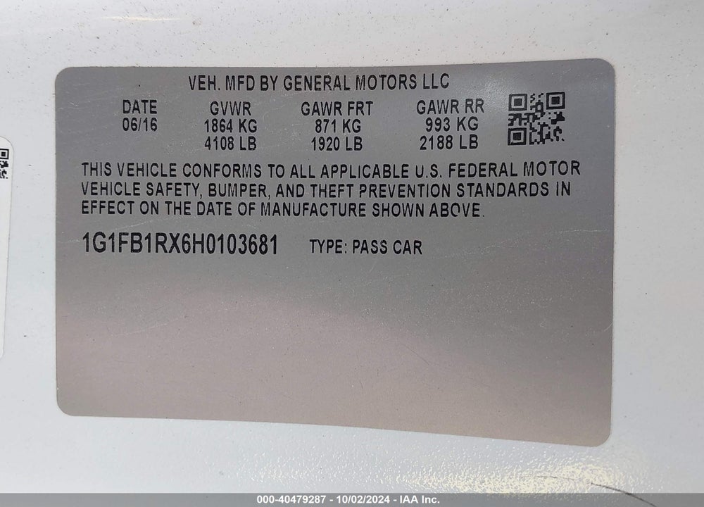 2017 CHEVROLET CAMARO 1LT VIN: 1G1FB1RX6H0103681