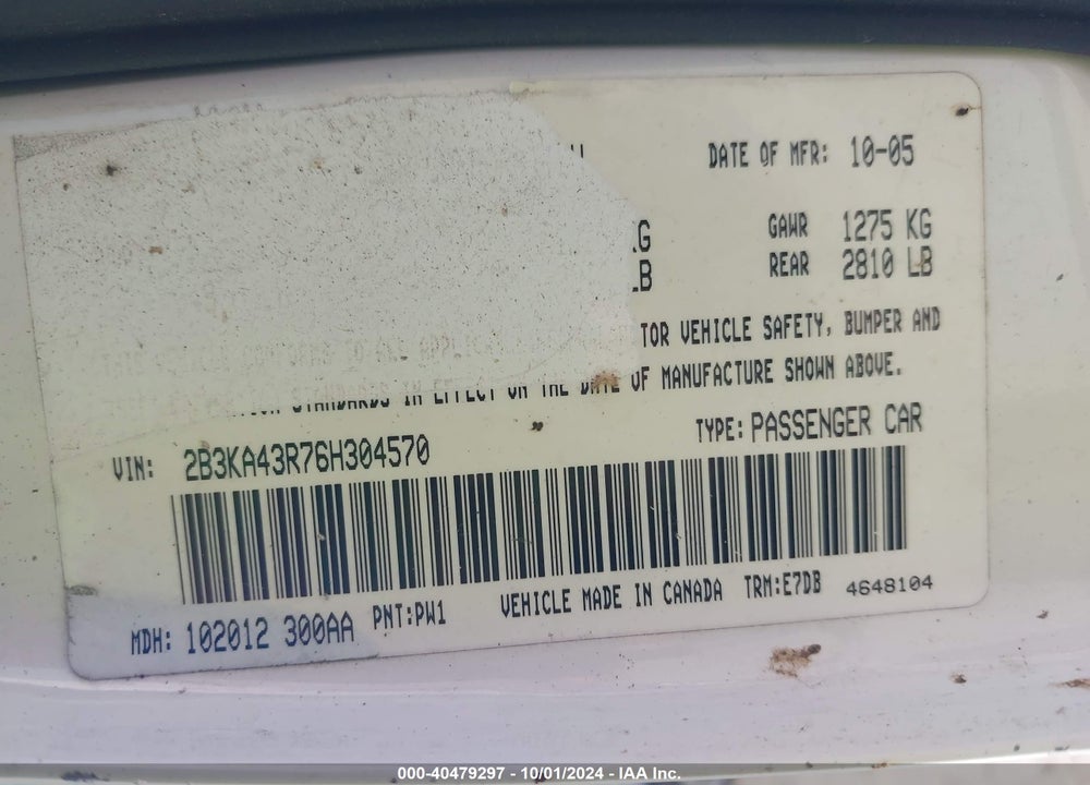 2006 DODGE CHARGER VIN: 2B3KA43R76H304570
