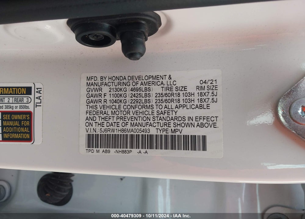 2021 HONDA CR-V 2WD EX-L VIN: 5J6RW1H86MA005493