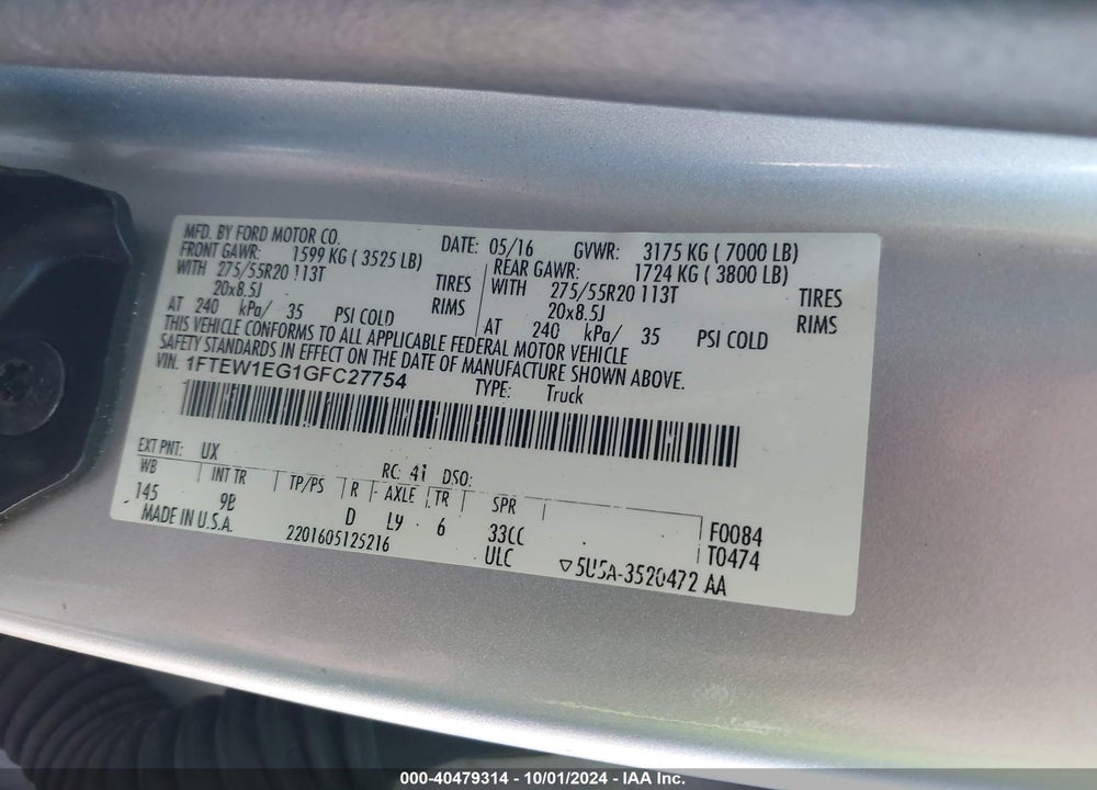 2016 FORD F-150 PLATINUM VIN: 1FTEW1EG1GFC27754