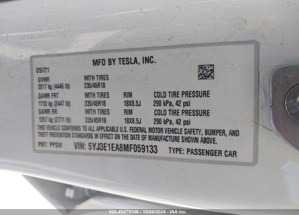 2021 TESLA MODEL 3 STANDARD RANGE PLUS REAR-WHEEL DRIVE VIN: 5YJ3E1EA8MF059133