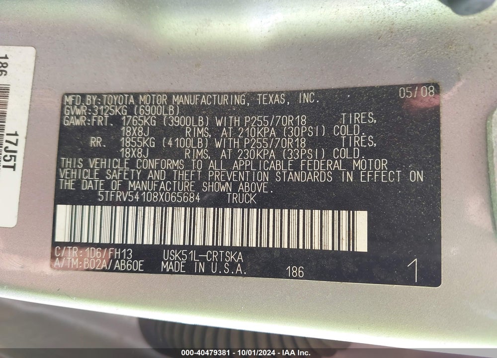2008 TOYOTA TUNDRA SR5 5.7L V8 VIN: 5TFRV54108X065684