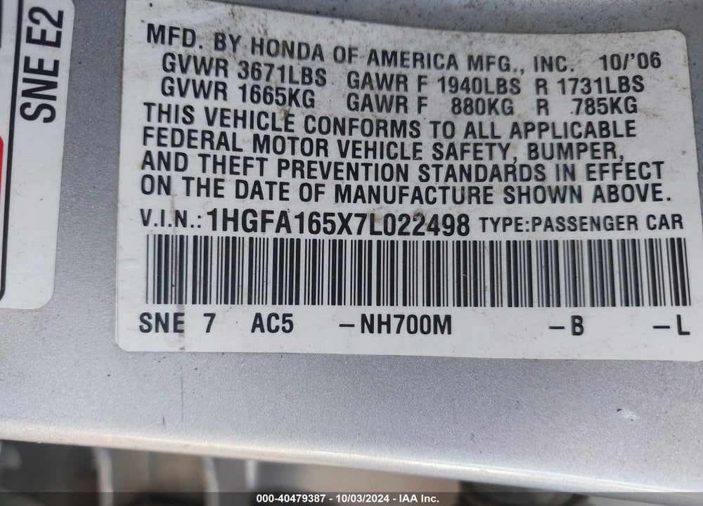 2007 HONDA CIVIC LX VIN: 1HGFA165X7L022498