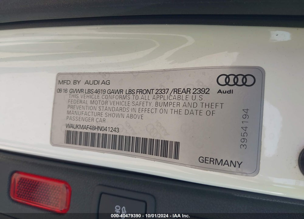 2017 AUDI A4 2.0T SEASON OF  ULTRA PREMIUM VIN: WAUKMAF48HN041243
