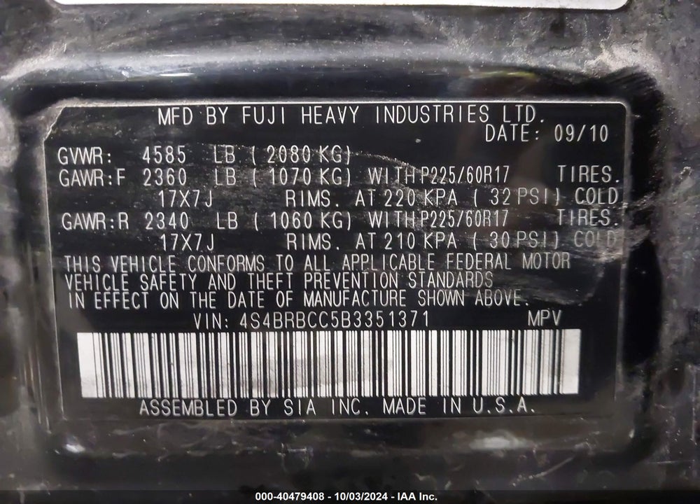 2011 SUBARU OUTBACK 2.5I PREMIUM VIN: 4S4BRBCC5B3351371