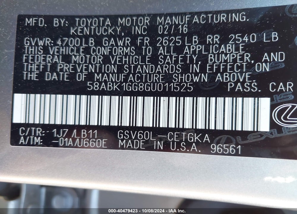 2016 LEXUS ES 350 VIN: 58ABK1GG8GU011525