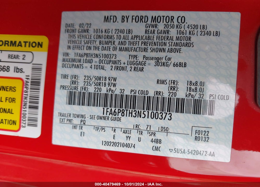 2022 FORD MUSTANG ECOBOOST PREMIUM VIN: 1FA6P8TH3N5100373