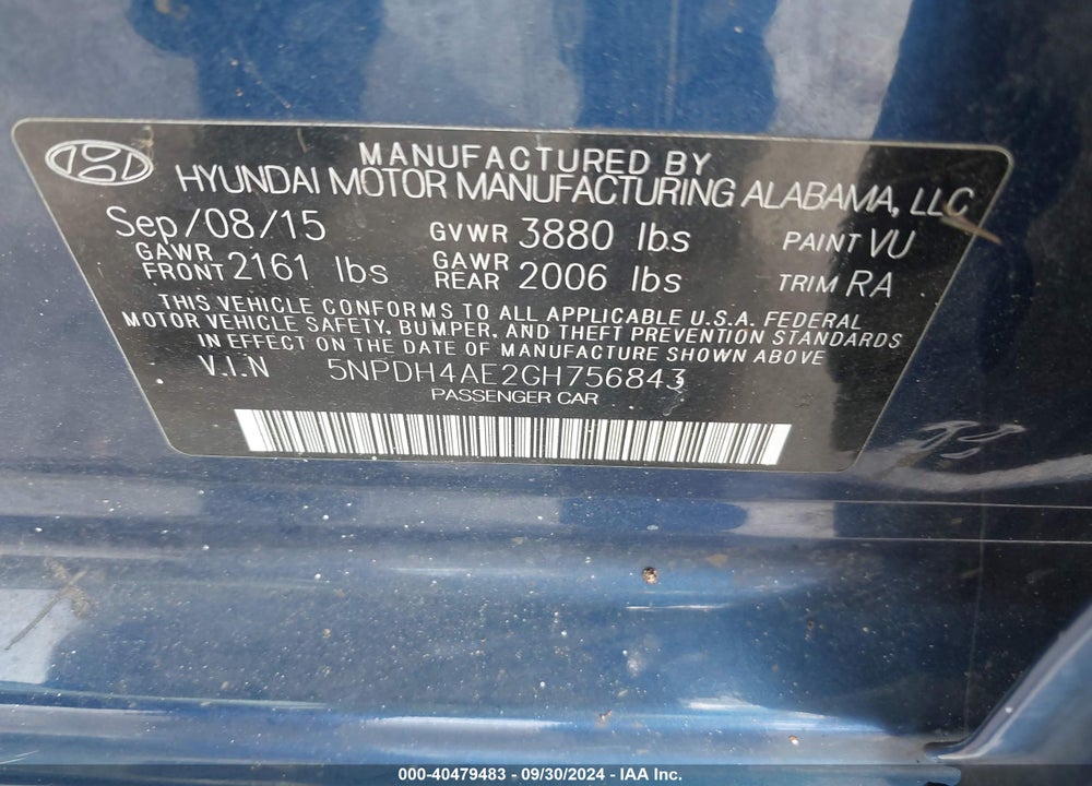 2016 HYUNDAI ELANTRA SE VIN: 5NPDH4AE2GH756843