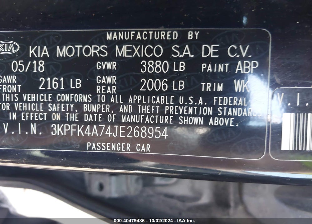 2018 KIA FORTE LX VIN: 3KPFK4A74JE268954