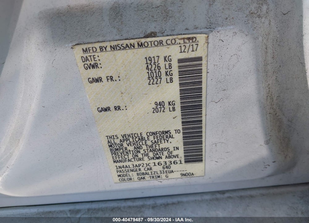 2018 NISSAN ALTIMA 2.5 SV VIN: 1N4AL3AP2JC163361
