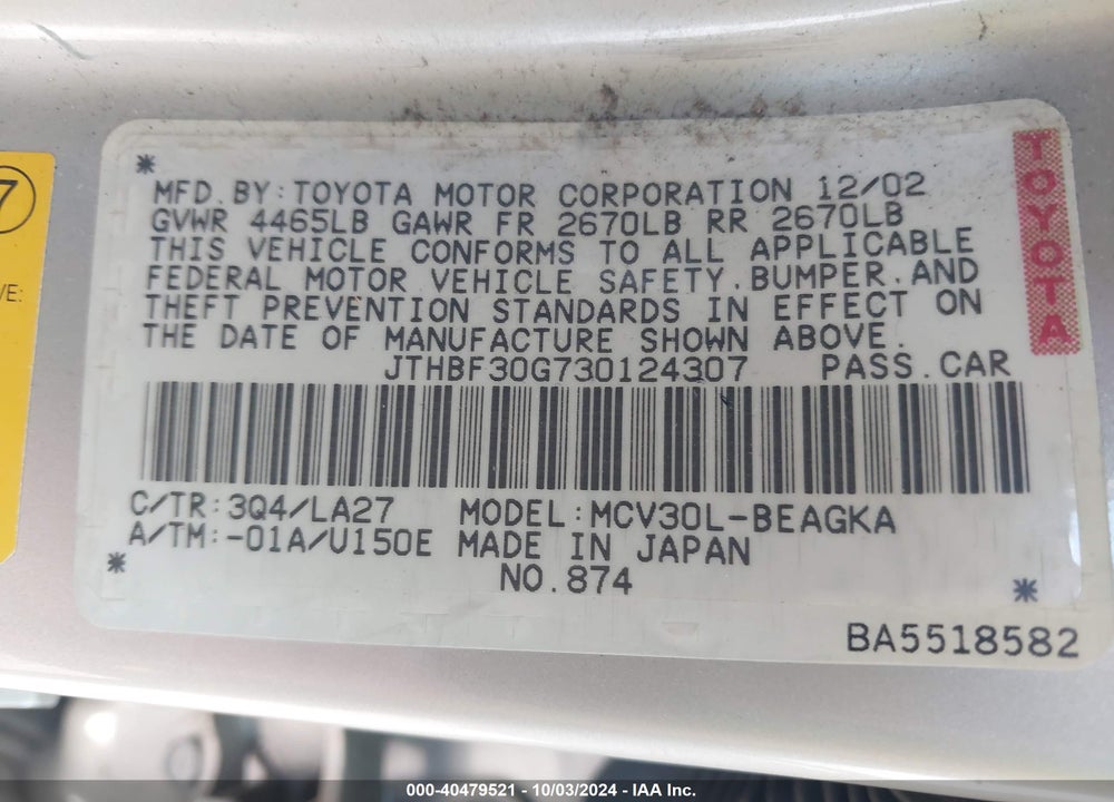2003 LEXUS ES 300 VIN: JTHBF30G730124307