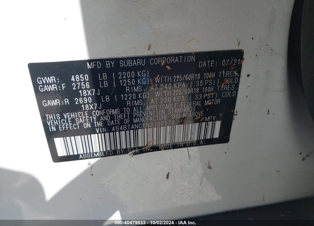 2022 SUBARU OUTBACK LIMITED VIN: 4S4BTANC6N3130570