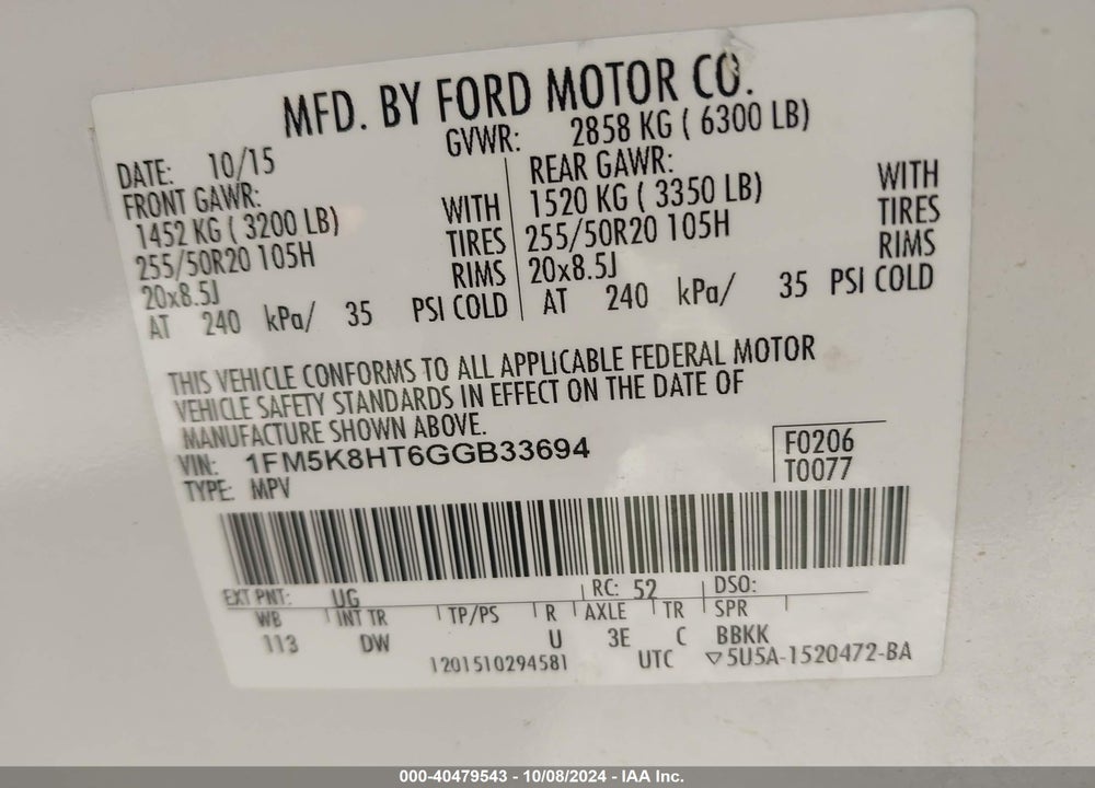 2016 FORD EXPLORER PLATINUM VIN: 1FM5K8HT6GGB33694
