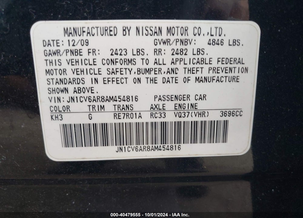 2010 INFINITI G37X VIN: JN1CV6AR8AM454816