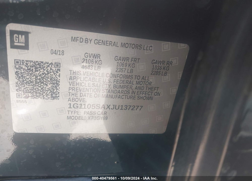 2018 CHEVROLET IMPALA 1LT VIN: 1G1105SAXJU137277