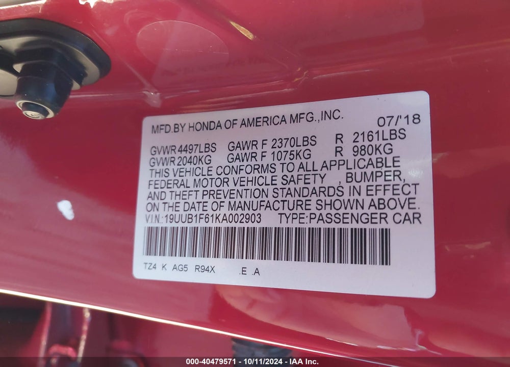 2019 ACURA TLX TECH   A-SPEC PKGS/W/A-SPEC PKG RED LEATHER VIN: 19UUB1F61KA002903