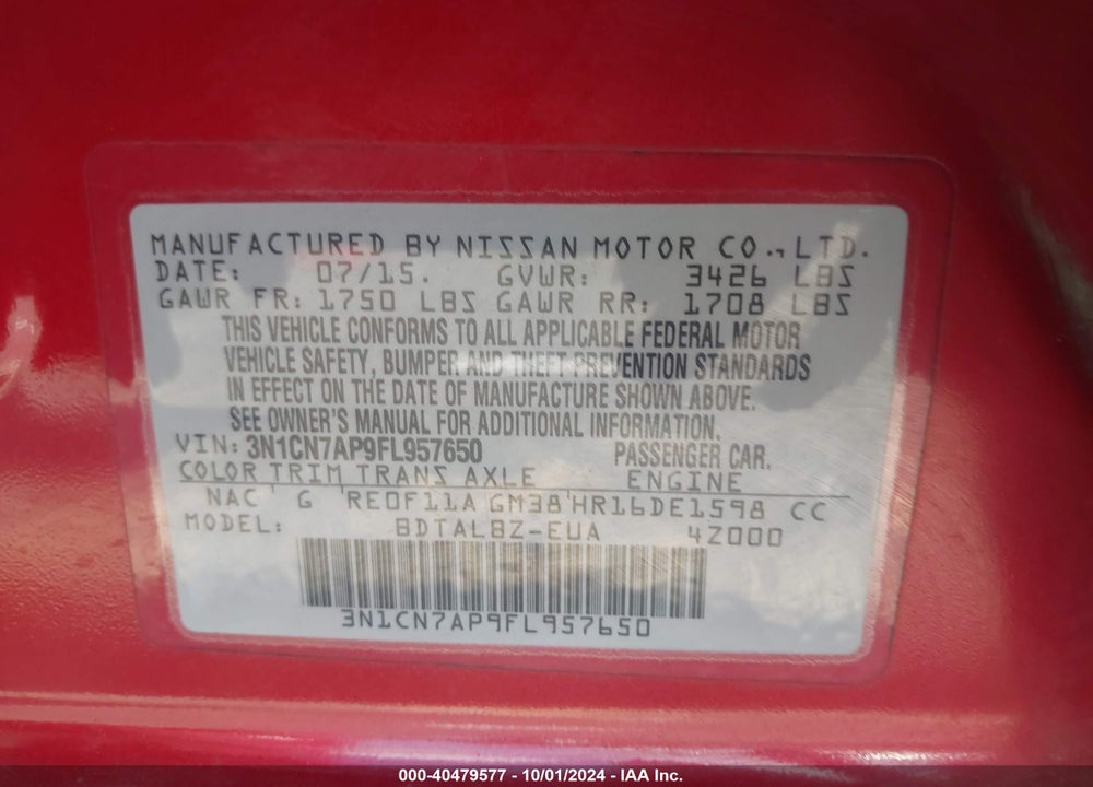 2015 NISSAN VERSA 1.6 SV VIN: 3N1CN7AP9FL957650