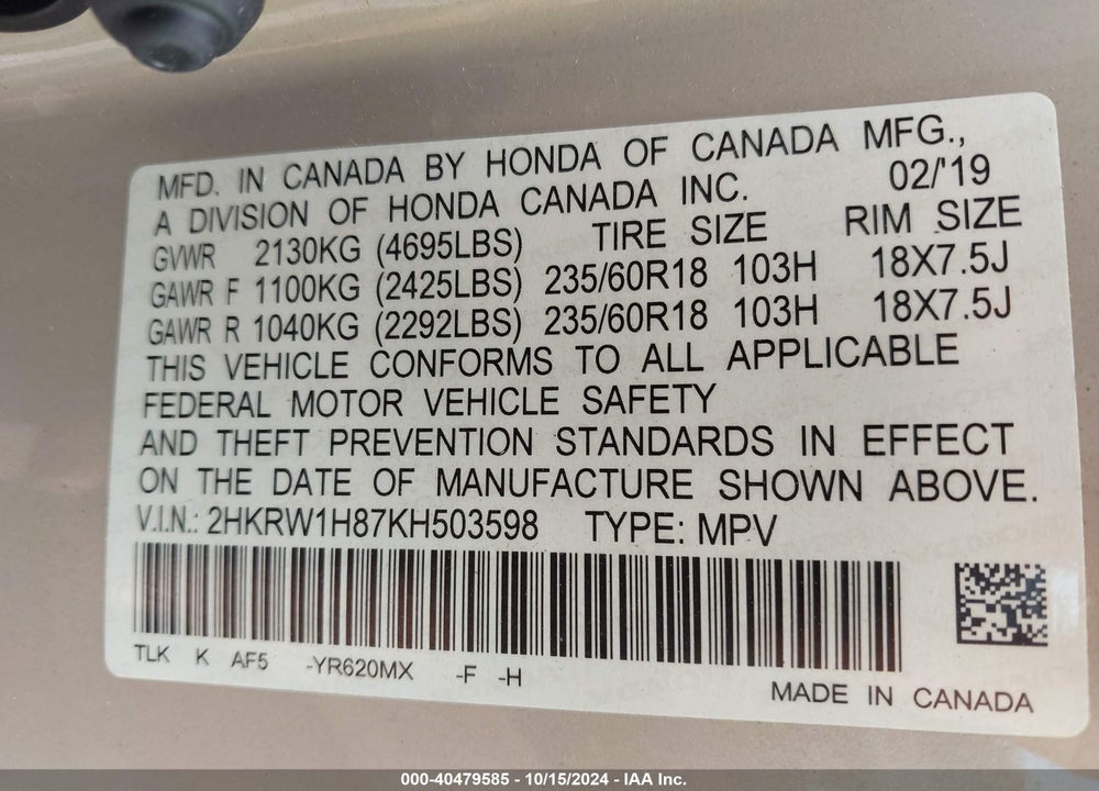2019 HONDA CR-V EX-L VIN: 2HKRW1H87KH503598