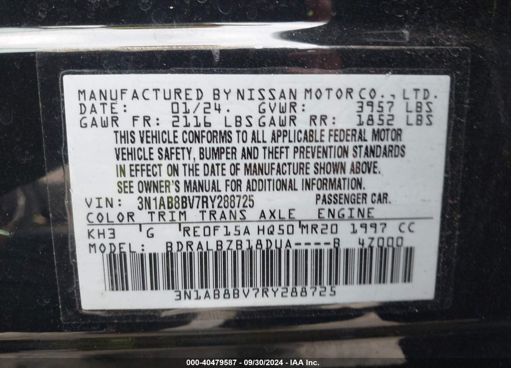 2024 NISSAN SENTRA S XTRONIC CVT VIN: 3N1AB8BV7RY288725