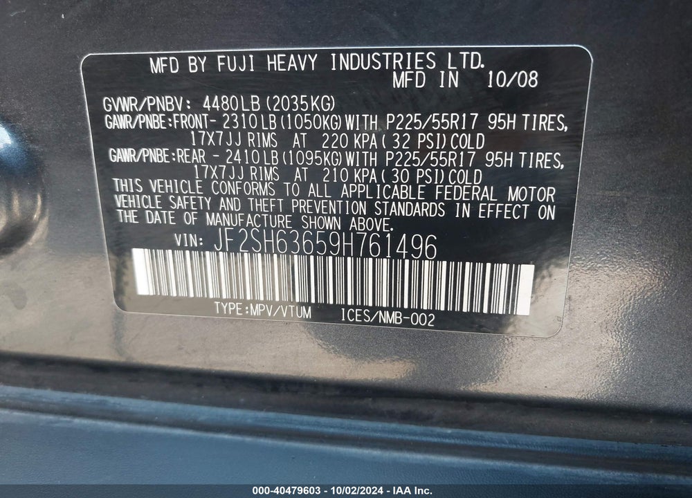2009 SUBARU FORESTER 2.5X VIN: JF2SH63659H761496