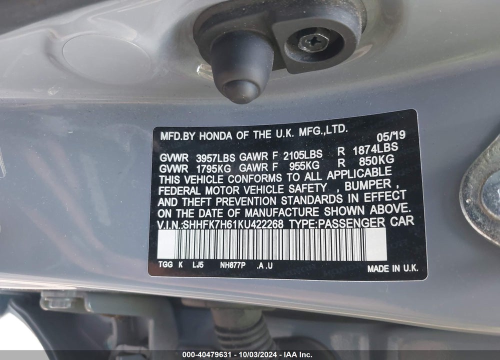 2019 HONDA CIVIC EX VIN: SHHFK7H61KU422268