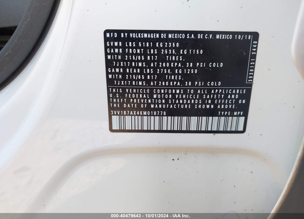 2019 VOLKSWAGEN TIGUAN 2.0T S VIN: 3VV1B7AX4KM018778